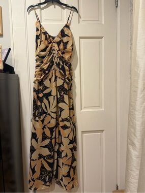 Lost + Wander Beige and Black Floral Ruched Maxi Dress